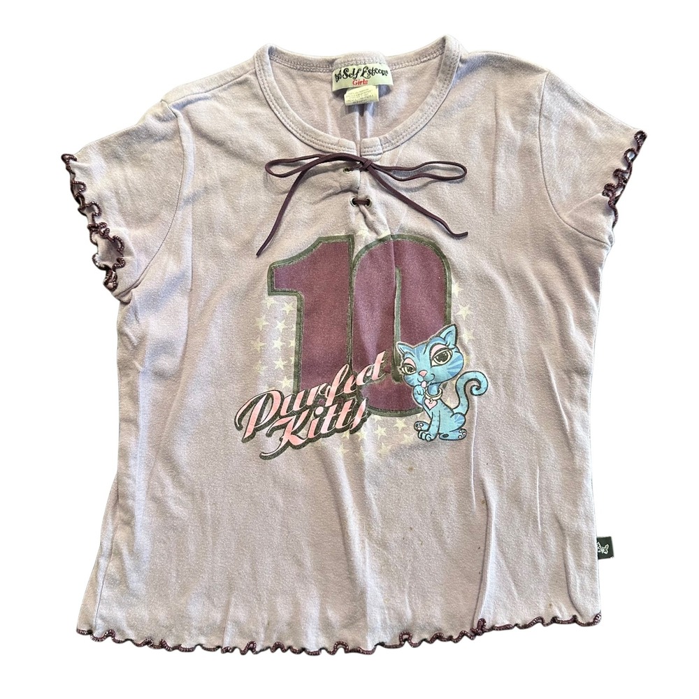 Y2K Self Esteem Girls Purple Purfect Kitty Baby Tee Lace Up Lettuce Edge M